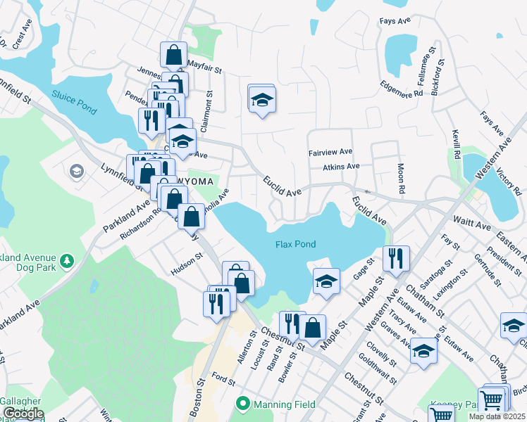 map of restaurants, bars, coffee shops, grocery stores, and more near 29 Lake View Place in Lynn