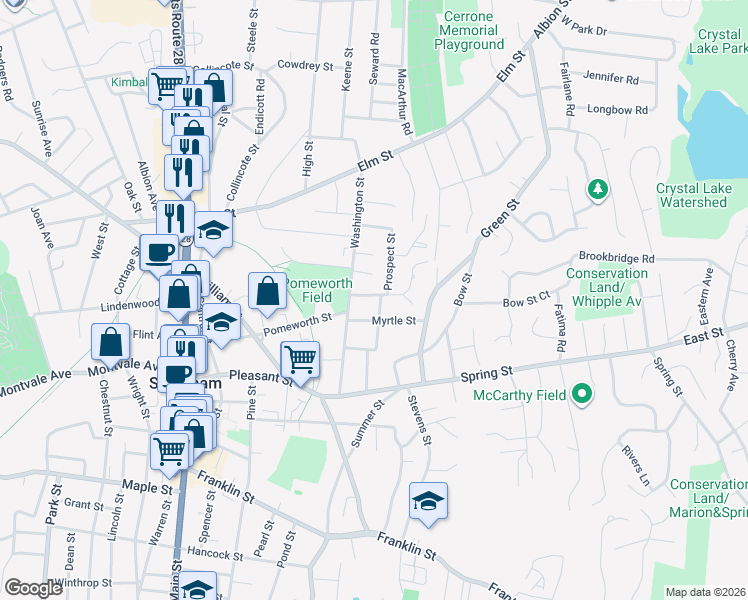 map of restaurants, bars, coffee shops, grocery stores, and more near 2 Washington Avenue in Stoneham