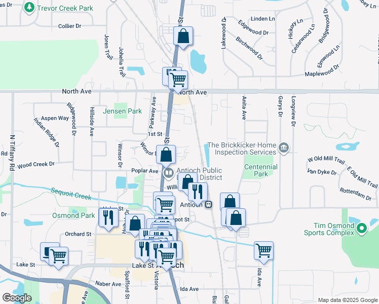 map of restaurants, bars, coffee shops, grocery stores, and more near 275 Oakridge Court in Antioch