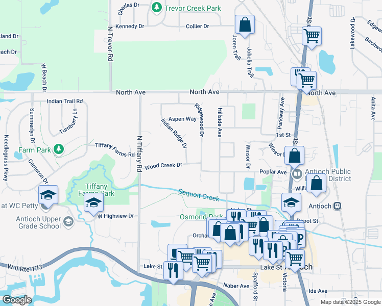 map of restaurants, bars, coffee shops, grocery stores, and more near 680 Ridgewood Drive in Antioch