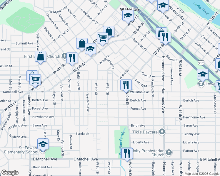 map of restaurants, bars, coffee shops, grocery stores, and more near 1222 W 7th St in Waterloo