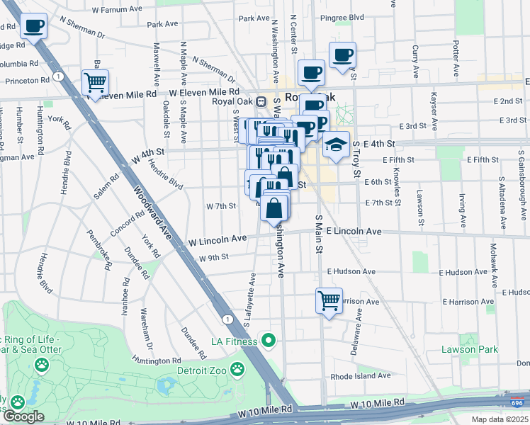map of restaurants, bars, coffee shops, grocery stores, and more near 628 South Lafayette Avenue in Royal Oak