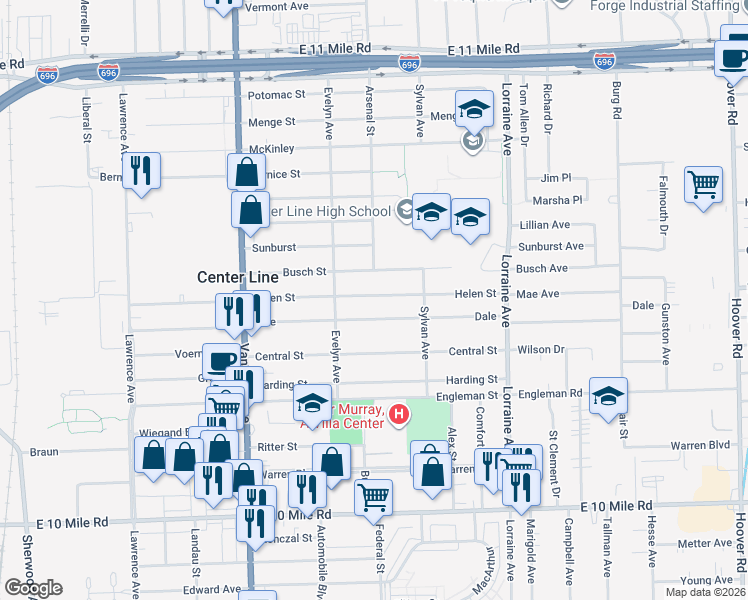 map of restaurants, bars, coffee shops, grocery stores, and more near 8404 Helen Street in Center Line