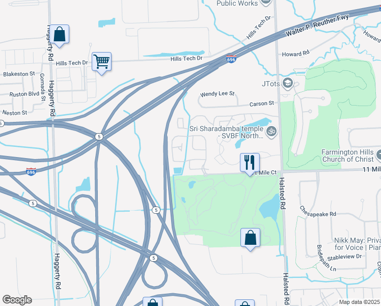 map of restaurants, bars, coffee shops, grocery stores, and more near 38253 Remington Park in Farmington Hills