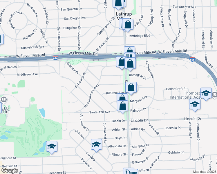 map of restaurants, bars, coffee shops, grocery stores, and more near 18241 Meadowood Avenue in Lathrup Village