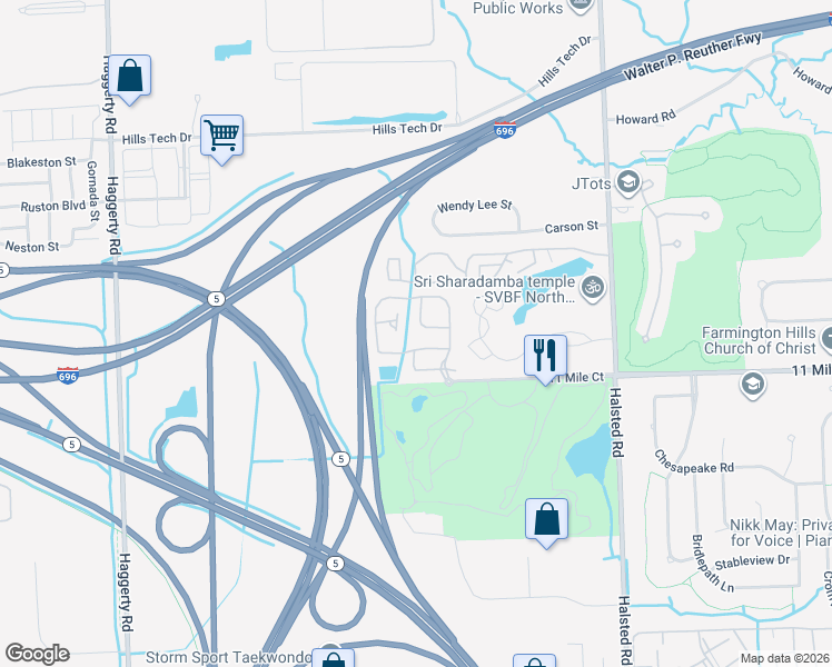 map of restaurants, bars, coffee shops, grocery stores, and more near 38253 Remington Park in Farmington Hills
