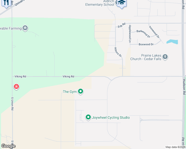 map of restaurants, bars, coffee shops, grocery stores, and more near 6206 Viking Road in Cedar Falls