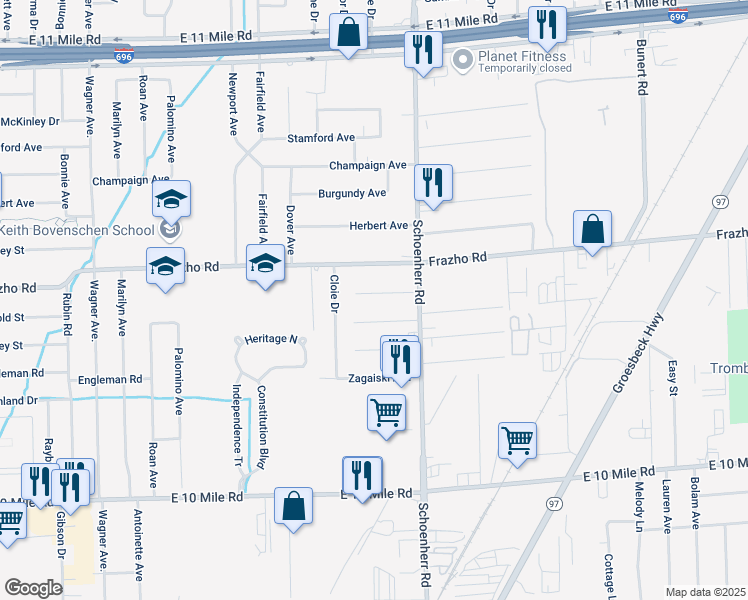 map of restaurants, bars, coffee shops, grocery stores, and more near 13424 Brainwood Avenue in Warren