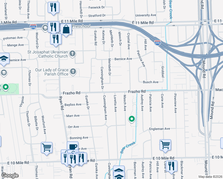 map of restaurants, bars, coffee shops, grocery stores, and more near 4661 Frazho Road in Warren