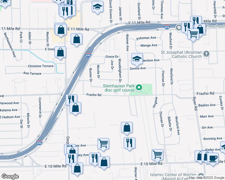 map of restaurants, bars, coffee shops, grocery stores, and more near 2516 Antonia Lane in Warren