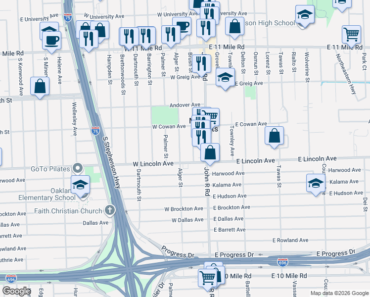 map of restaurants, bars, coffee shops, grocery stores, and more near 26075 Alger Street in Madison Heights