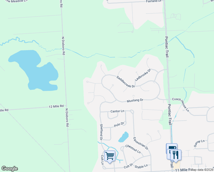 map of restaurants, bars, coffee shops, grocery stores, and more near 61932 Mustang in South Lyon