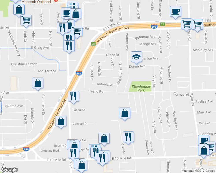 map of restaurants, bars, coffee shops, grocery stores, and more near 2516 Antonia Lane in Warren
