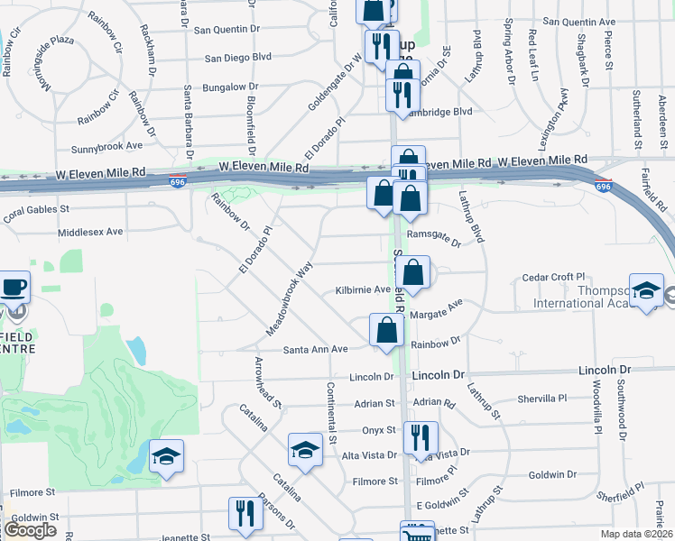 map of restaurants, bars, coffee shops, grocery stores, and more near 18241 Meadowood Avenue in Lathrup Village