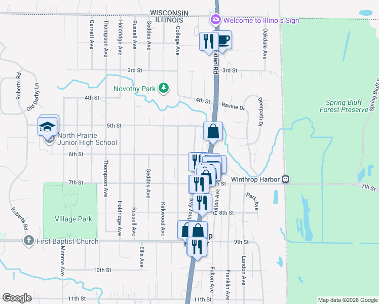 map of restaurants, bars, coffee shops, grocery stores, and more near 539 College Avenue in Winthrop Harbor