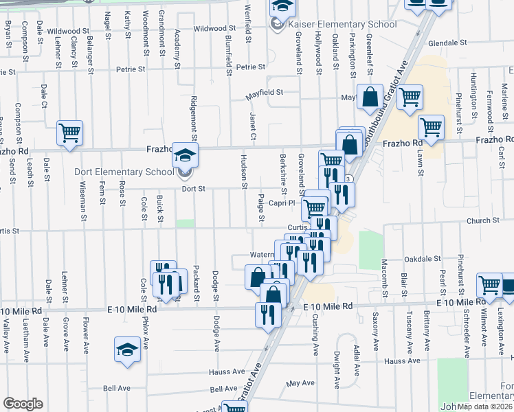 map of restaurants, bars, coffee shops, grocery stores, and more near 25637 Paige Street in Roseville