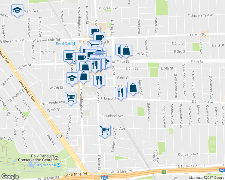 map of restaurants, bars, coffee shops, grocery stores, and more near 220 E 7th St in Royal Oak