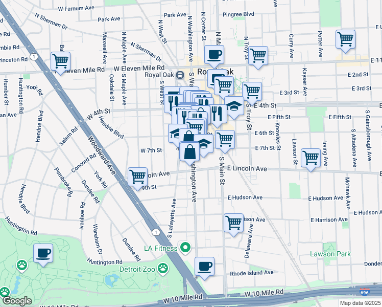map of restaurants, bars, coffee shops, grocery stores, and more near 720 South Washington Avenue in Royal Oak