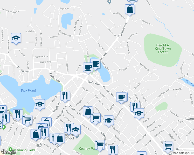 map of restaurants, bars, coffee shops, grocery stores, and more near in Lynn