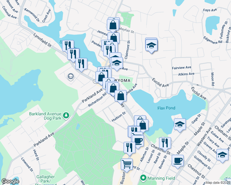 map of restaurants, bars, coffee shops, grocery stores, and more near 358 Broadway in Lynn