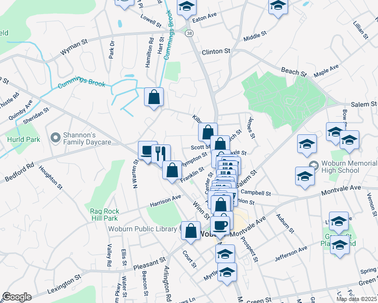 map of restaurants, bars, coffee shops, grocery stores, and more near 16 Scott Street in Woburn