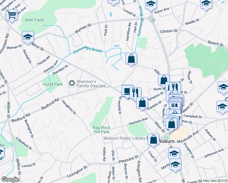 map of restaurants, bars, coffee shops, grocery stores, and more near 128 Winn Street in Woburn