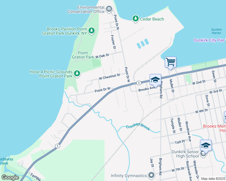 map of restaurants, bars, coffee shops, grocery stores, and more near 290 Lake Shore Drive West in Dunkirk