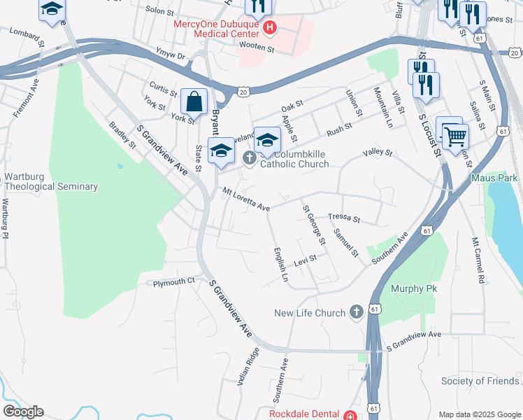 map of restaurants, bars, coffee shops, grocery stores, and more near 1204 Mount Loretta Avenue in Dubuque