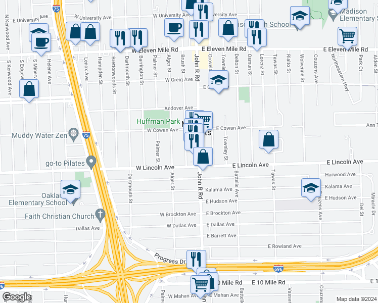 map of restaurants, bars, coffee shops, grocery stores, and more near 26062 Brush Street in Madison Heights