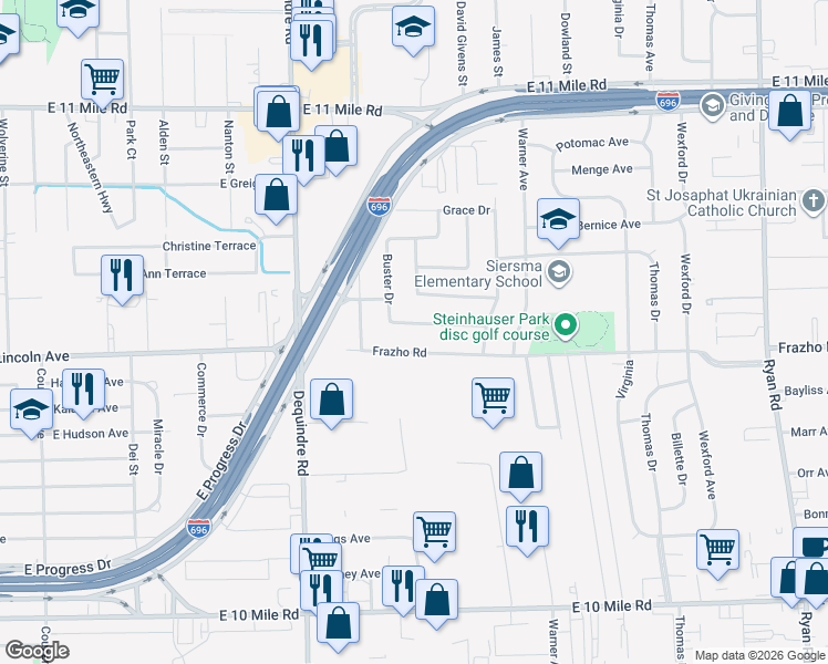 map of restaurants, bars, coffee shops, grocery stores, and more near 2402 Antonia Ln in Warren