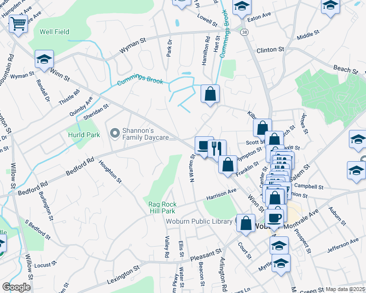 map of restaurants, bars, coffee shops, grocery stores, and more near 128 Winn Street in Woburn