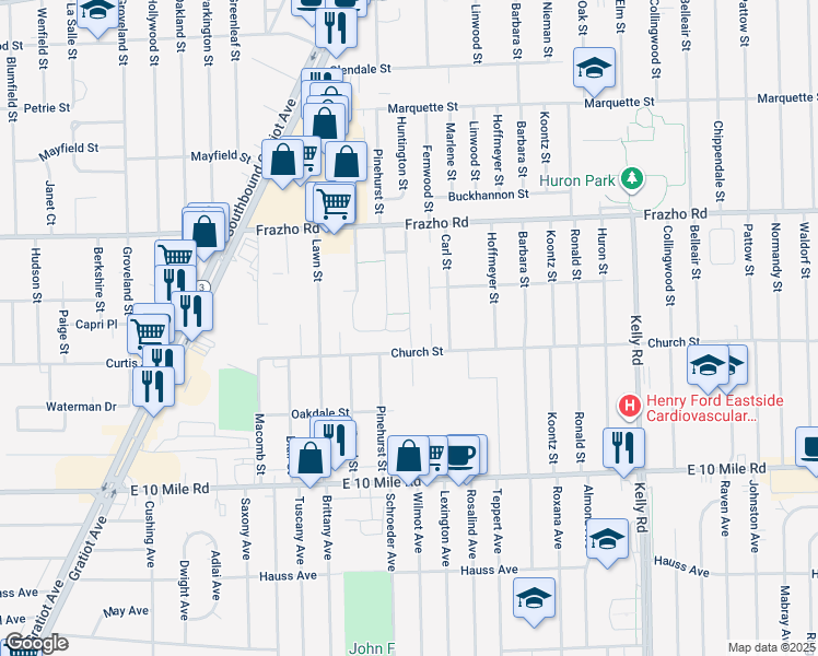 map of restaurants, bars, coffee shops, grocery stores, and more near 25618 New England Court in Roseville