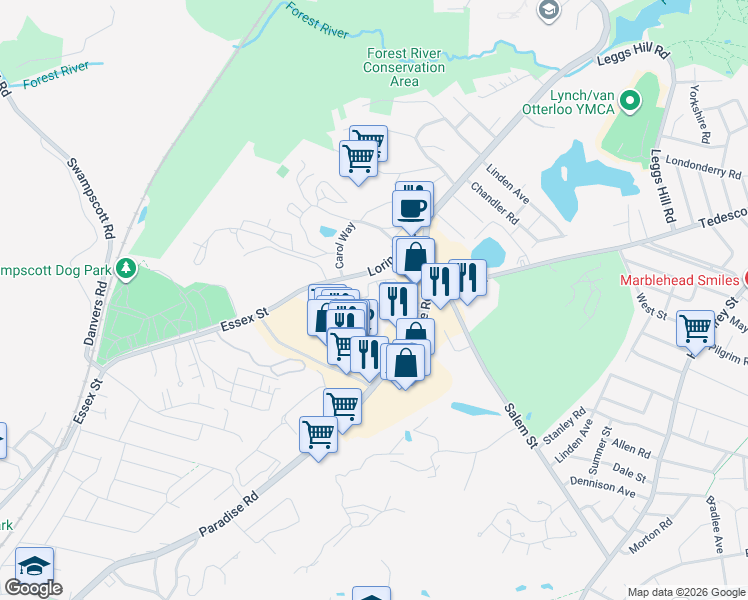 map of restaurants, bars, coffee shops, grocery stores, and more near 1006 Paradise Road in Swampscott