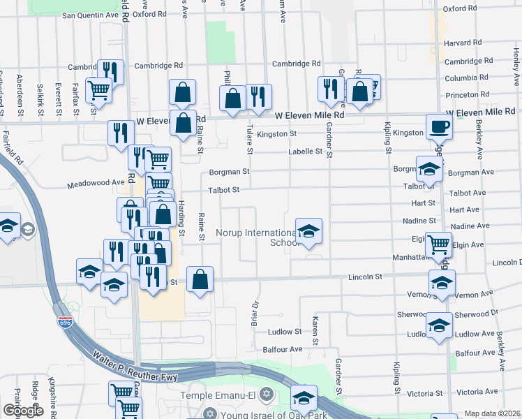 map of restaurants, bars, coffee shops, grocery stores, and more near 26120 Marlowe Place in Oak Park
