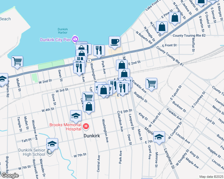 map of restaurants, bars, coffee shops, grocery stores, and more near 108-114 West 4th Street in Dunkirk