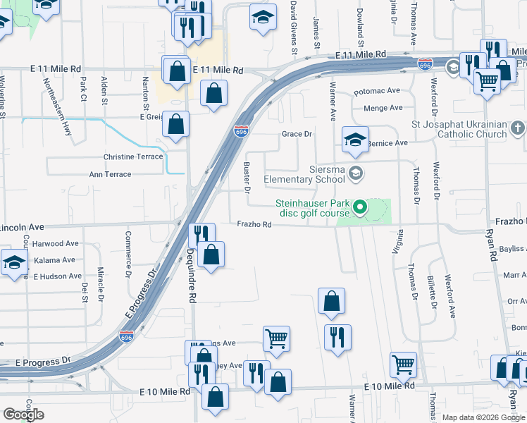 map of restaurants, bars, coffee shops, grocery stores, and more near 2402 Antonia Lane in Warren