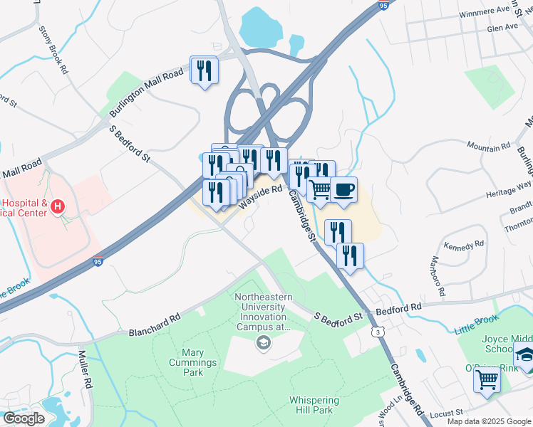 map of restaurants, bars, coffee shops, grocery stores, and more near 5 Wayside Road in Burlington