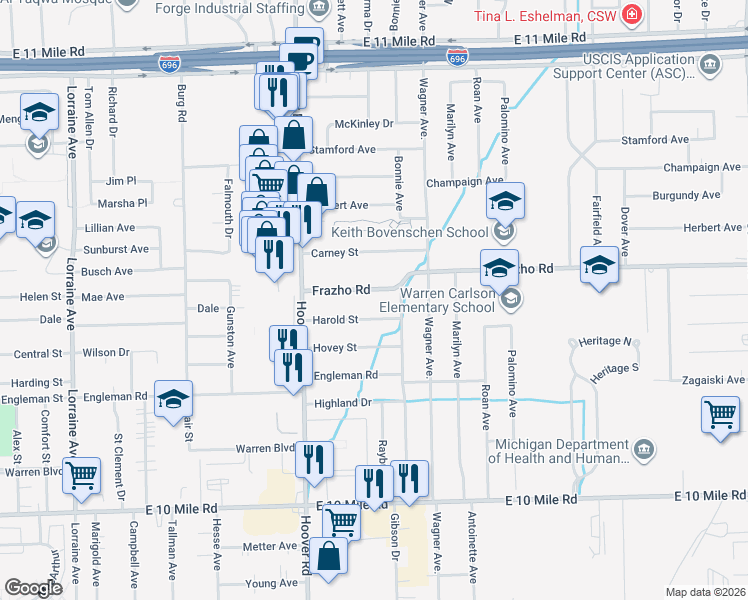 map of restaurants, bars, coffee shops, grocery stores, and more near 11920 Frazho Road in Warren