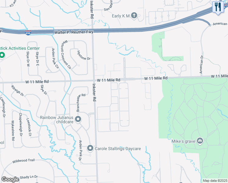 map of restaurants, bars, coffee shops, grocery stores, and more near 26794 Summerdale Drive in Southfield