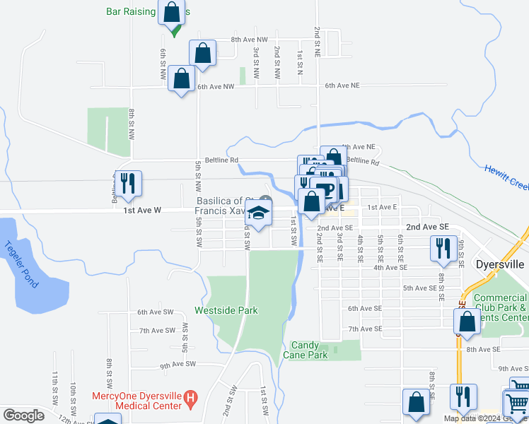 map of restaurants, bars, coffee shops, grocery stores, and more near 114 2nd Street Southwest in Dyersville