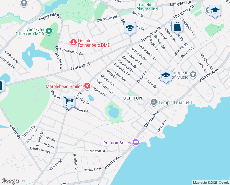 map of restaurants, bars, coffee shops, grocery stores, and more near 34 Rockaway Avenue in Marblehead