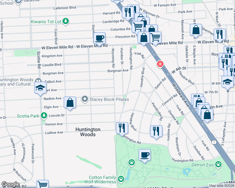 map of restaurants, bars, coffee shops, grocery stores, and more near 8940 Nadine Avenue in Huntington Woods