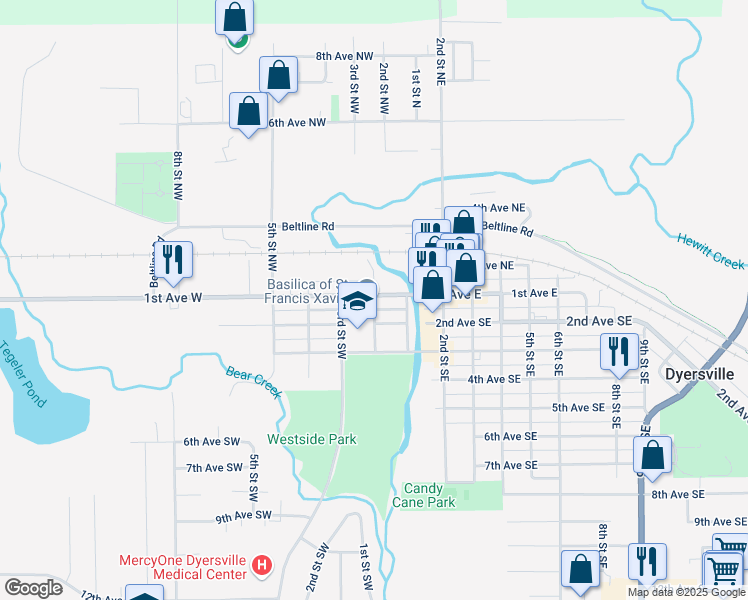 map of restaurants, bars, coffee shops, grocery stores, and more near 114 2nd Street Southwest in Dyersville