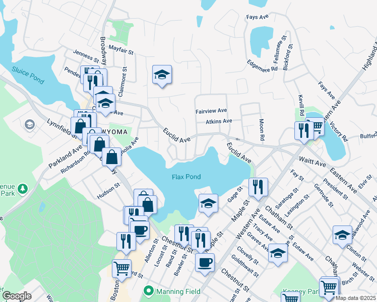 map of restaurants, bars, coffee shops, grocery stores, and more near 15 Sylvia Street in Lynn
