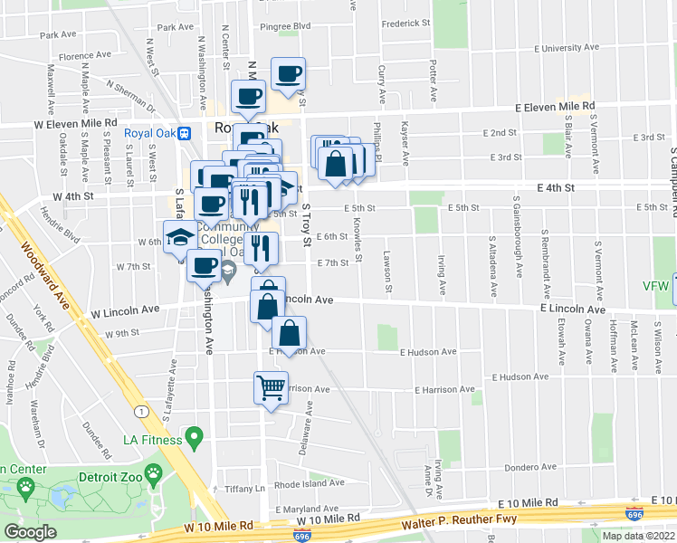 map of restaurants, bars, coffee shops, grocery stores, and more near 402 East 7th Street in Royal Oak