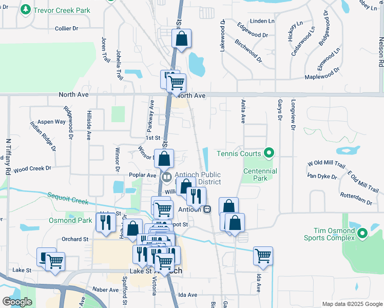 map of restaurants, bars, coffee shops, grocery stores, and more near 275 Oakridge Court in Antioch