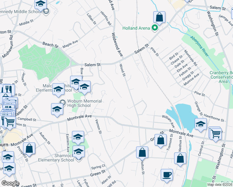 map of restaurants, bars, coffee shops, grocery stores, and more near 25 Buttaro Road in Woburn