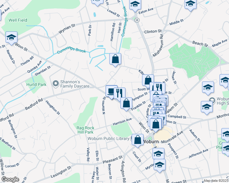 map of restaurants, bars, coffee shops, grocery stores, and more near 5 Village Street in Woburn