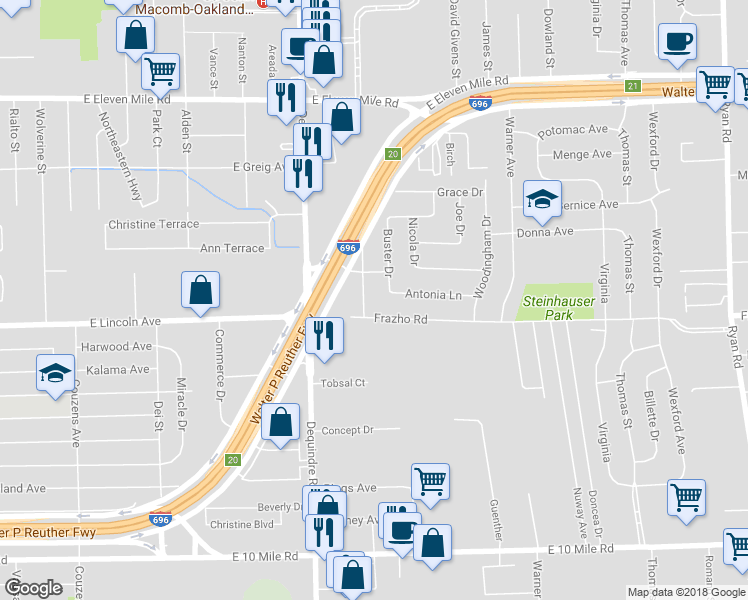 map of restaurants, bars, coffee shops, grocery stores, and more near 26100 Colman Drive in Warren