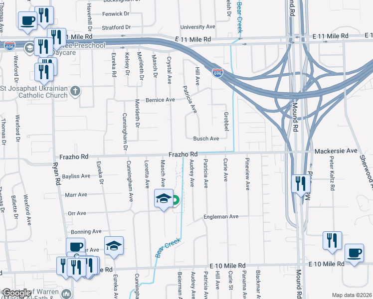 map of restaurants, bars, coffee shops, grocery stores, and more near 5049 Frazho Road in Warren